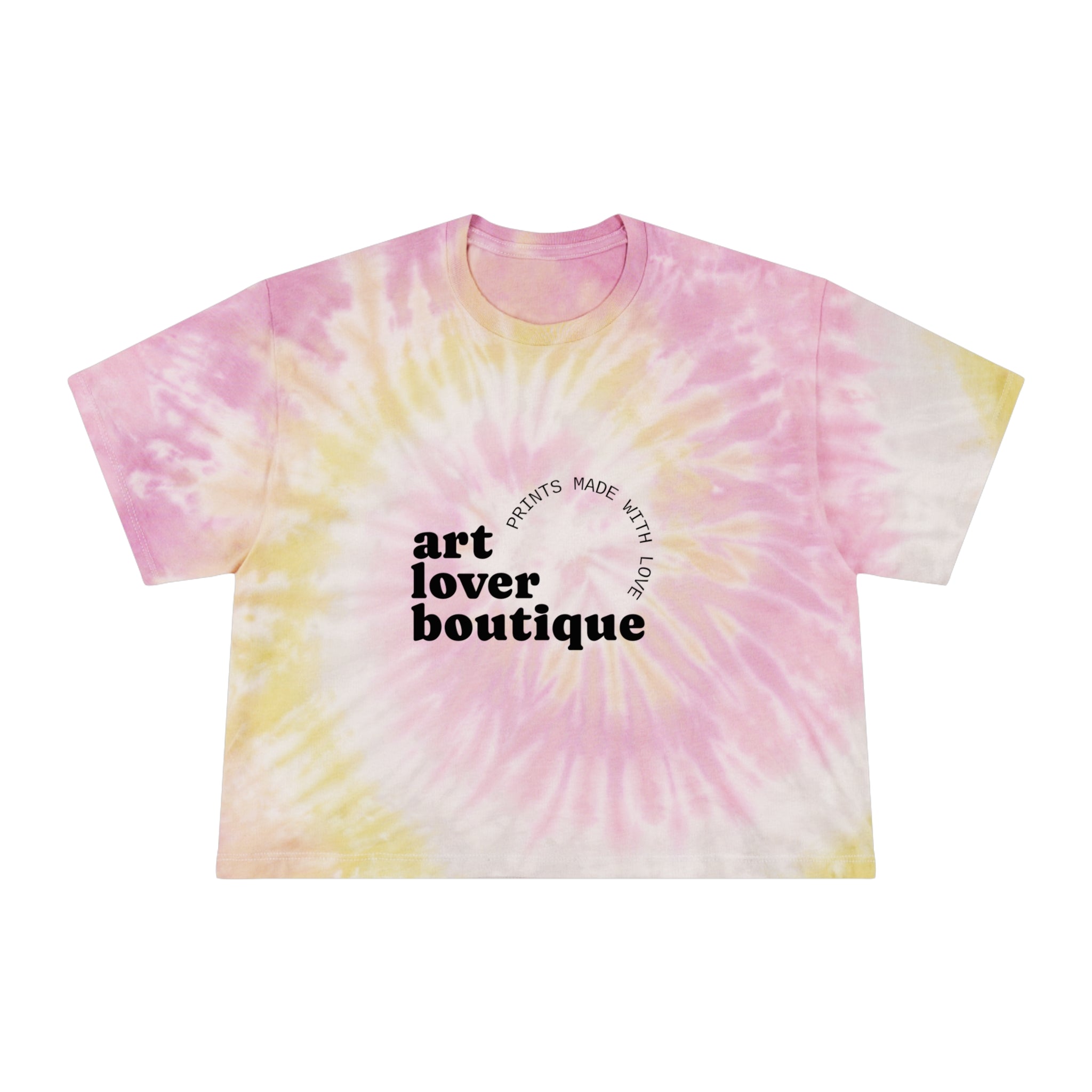 Tie-Dye Crop Tee — "art lover boutique" Graphic, Pastel Blue Spiral Summer Top