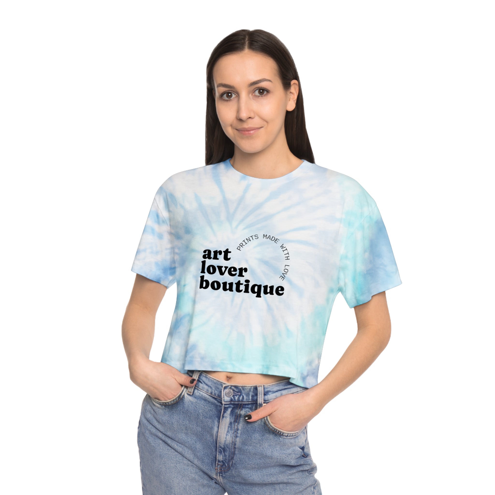Tie-Dye Crop Tee — "art lover boutique" Graphic, Pastel Blue Spiral Summer Top