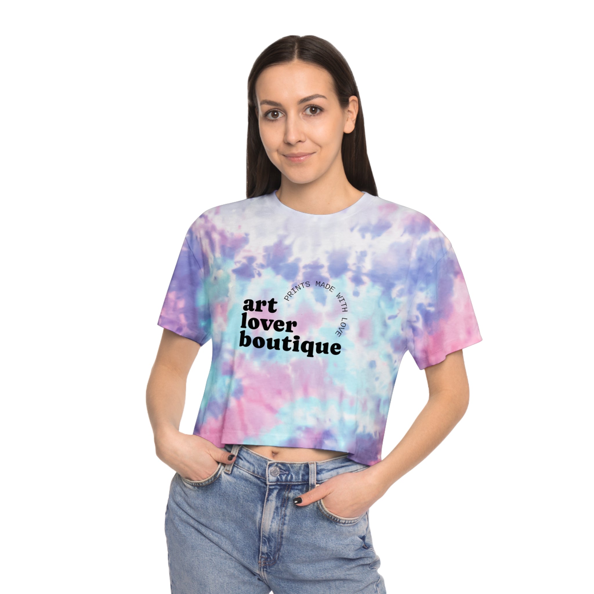 Tie-Dye Crop Tee — "art lover boutique" Graphic, Pastel Blue Spiral Summer Top