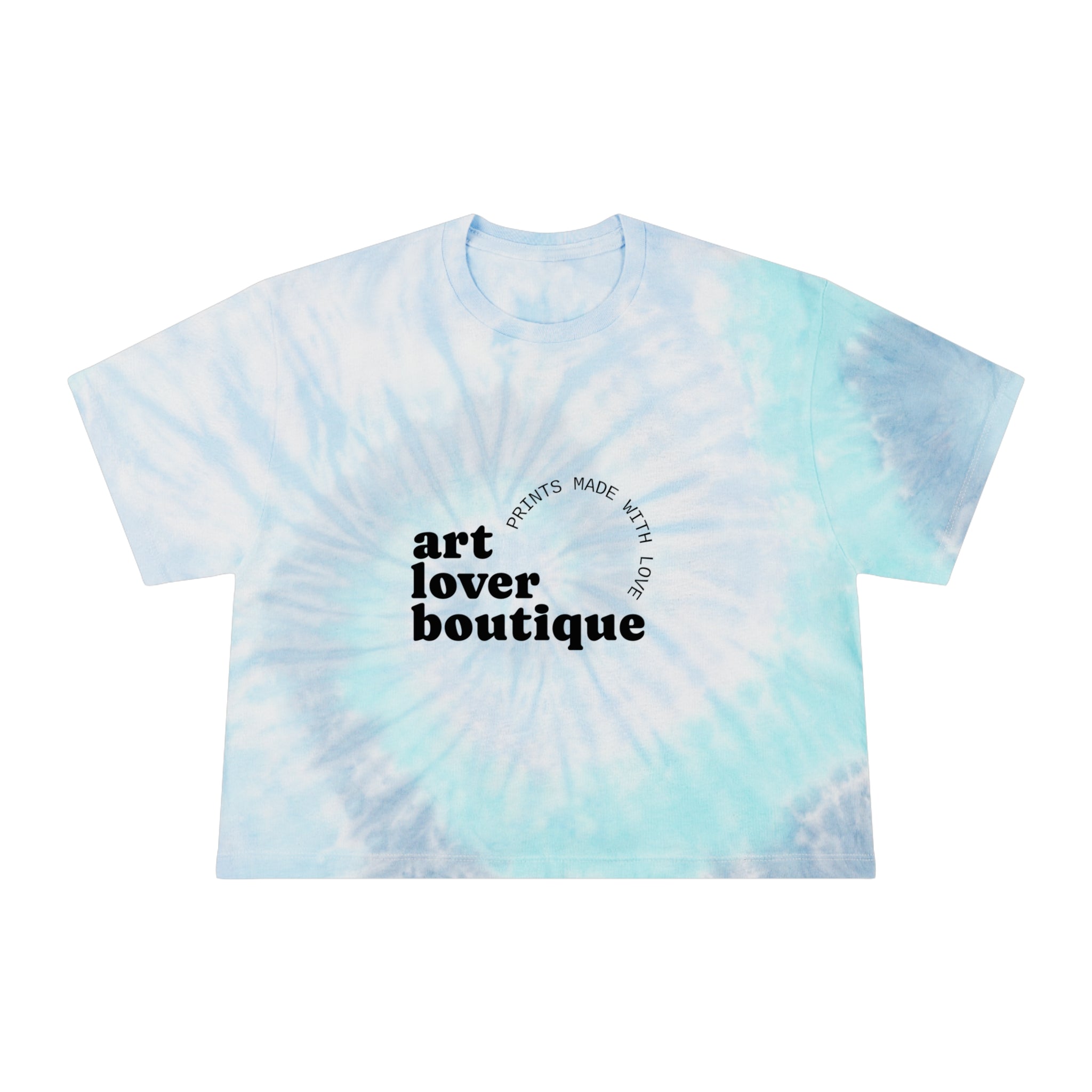 Tie-Dye Crop Tee — "art lover boutique" Graphic, Pastel Blue Spiral Summer Top