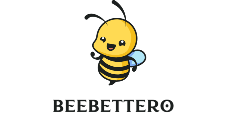 Cartoon bee character with 'BEEBETTERO' text on a white background